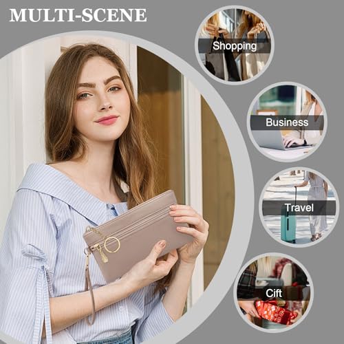 LJCZKA Leather Wristlet Wallet for Women Men Large Capacity Clutch Handbags Purses Long Cellphone Credit Card Holder Pocket Bag with Wrist Strap, Keychain (Nude) - color: Nude
