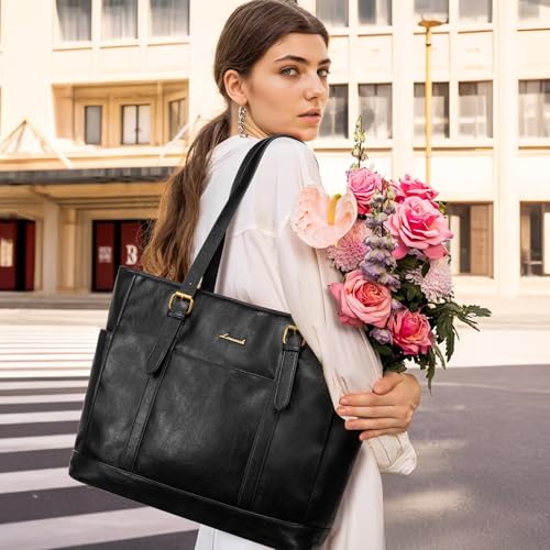 LOVEVOOK Laptop Tote Bag for Women,Vintage Leather Work Tote Bag for Women Computer Briefcase Bag,Waterproof Teacher Business - color: Retro Black, size: 17.3 Inch
