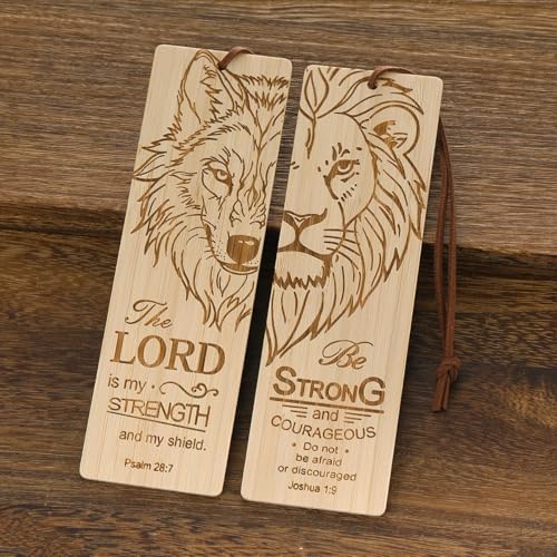 2 Pcs Bible Bookmark Bamboo Bookmarks for Men, Inspirational Christian Religious Gifts for Men Book Marks for Reading Men (Wolf and Lion) - style: Wolf and Lion