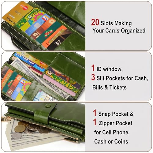 YALUXE Women's RFID Real Leather Wallet with 21 Card Slots Phone Pocket - color: 4- Waxed Green, size: Genuine Leather
