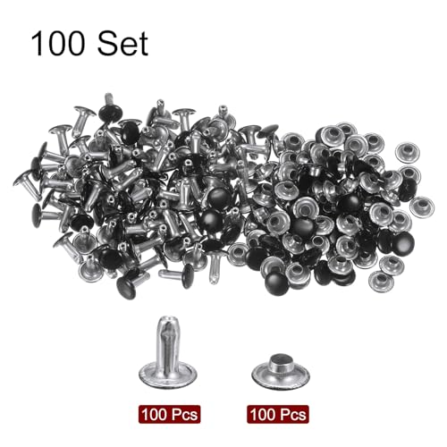 HARFINGTON 100 Sets Leather Rivets 8mm x 10mm Metal Double Cap Rivet Snaps Studs Fasteners with 3pcs Setting Tools Rivets for Leather Craft DIY Repair Decoration, Brilliant Black - color: Brilliant Black, size: 8mm x 10mm