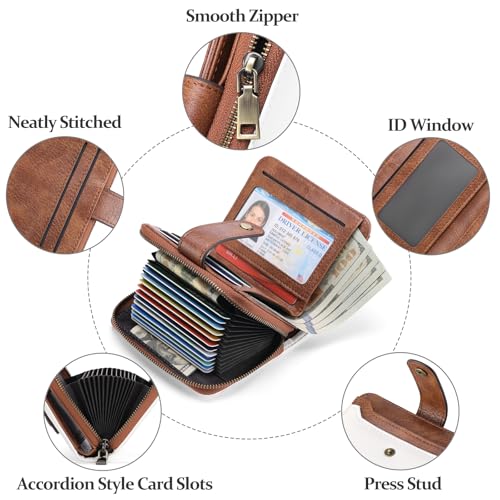 GAEKEAO Small Wallet for Women Leather RFID Blocking Bifold Zipper Pocket Credit Card Holder Card Case Wallets with ID Window - color: White&Brown
