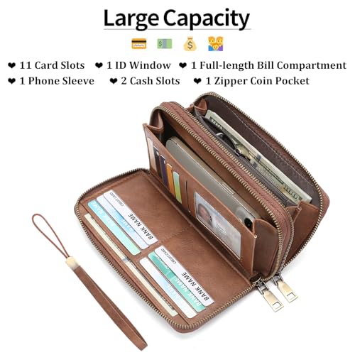 GOIACII Wristlet Wallets for Women 2 Zip Around Ladies Clutch Brown | RFID Blocking, Vegan Leather, Large Capacity, Credit Card Holder, Phone Holder Purse - color: Brown