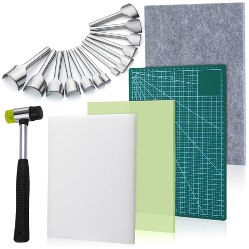 4 Pcs Leather Punch Pads+14 Sizes Leather Corner Punch, Cutting Mat, Sound Absorbing Pad and A4 Self Healing Cutting Mat, Half-Round Punch Set with Double Sided Nylon Hammer for Belts, Purses and Etc