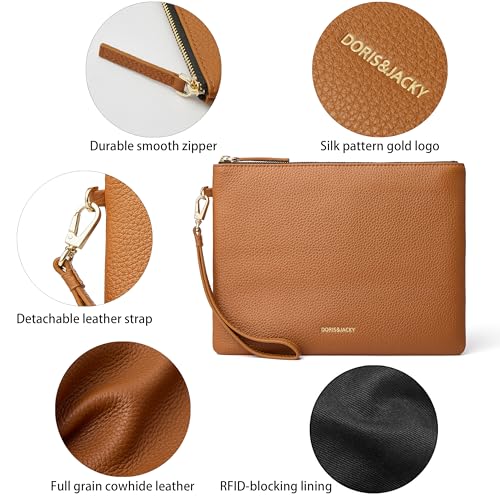 DORIS&JACKY Women Leather Clutch Purse and Phone Wallet with Wristlet Strap - color: Brown