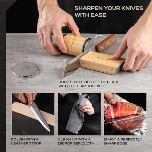 Stonka Oak Rolling Knife Sharpener Kit – Natural Wood, Diamond Wheels, Magnetic Angle Guide 15° & 20°, Leather Strop – Giftable Packaging - color: Oak