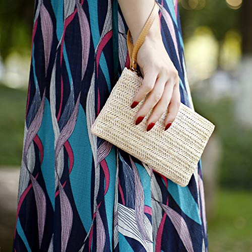 COOKOOKY Womens Straw Clutch Bag Bohemian Summer Beach Straw Purse Zipper Wristlet Wallets for Women - color: Beige-white