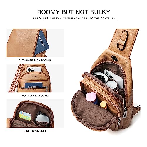 LATMAP 7L Sling Bag For Women Faux Leather Anti Theft Small Casual Daypack Backpack Fanny Pack Crossbody Chest Bags Purse Waterproof Tan - color: Tan
