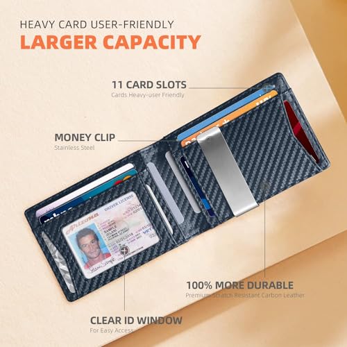 RUNBOX Slim Wallet for Men - RFID Blocking Leather Bifold with Money Clip | Minimalist Front Pocket Wallet Holds 11 Cards,Slim Thin Design,RFID Blocking Protection, Practical Birthday Gifts for Men - color: Carbon Blue