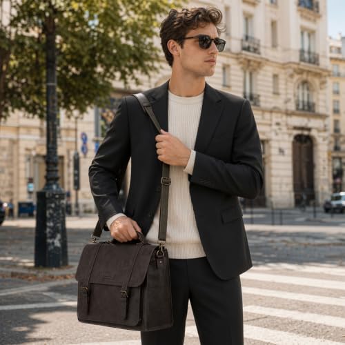 RAINSMORE Messenger Bag for Men 17 Inch Vintage PU Laptop Briefcase, Coffee | Large Capacity Work Bag with Magnetic Flap, Water-Resistant PU Leather, 3-Way Carry for Office, Business Travel & College - color: Coffee