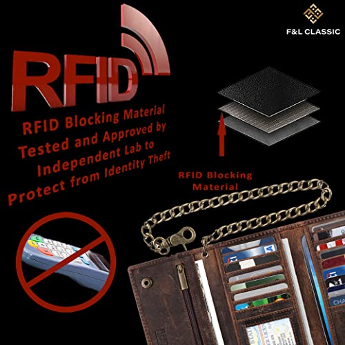 F&L CLASSIC RFID Blocking Mens Tri-fold Long Style buffalo crazy horse Leather Steel Chain Wallet,ostrich print brown,212-51 - color: ostrich print brown