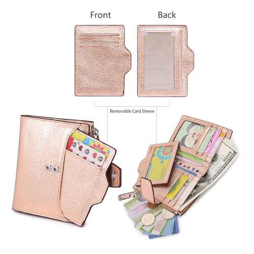 Women's RFID Blocking Leather Small Compact Bi-fold Zipper Pocket Wallet Card Case Purse with id Window - color: Lichee Champaign Gold