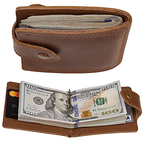 Mens Leather Wallet with Money Clip - ID Window or Coin Pocket - Slim Bifold RFID Blocking - Genuine Thin Minimalist - Gift Idea (Brown) - color: Brown