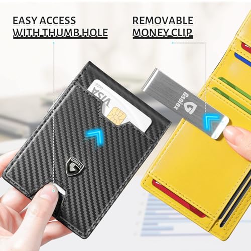 GSOIAX Men's Slim RFID Blocking Leather Wallet with Money Clip | Minimalist Carbon Fiber Bifold Credit Card Holder | 11 Card Slots | Gift Box Included(Carbon Yellow) - color: Carbon Yellow