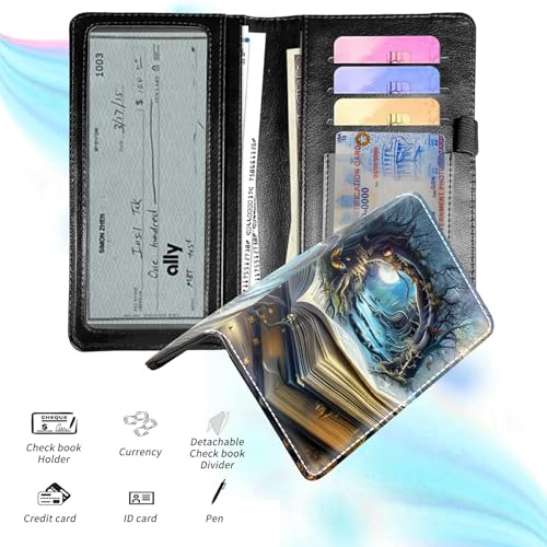 Check Book Cover for Personal Checkbook, Leather Business Checkbooks Plastic Insert Flap Card Holder Pen Hoop Holder with RFID Blocking Slim Wallet for Duplicate Checks Women Men, Book Castle - color: Book Castle