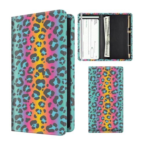 Checkbook Cover for Personal Checkbook, Cute Pu Leather Check Book for Women & Men, Slim Checkbook Holder with Pen Holder and Built-in Clear Plastic Divider, Rainbow Leopard - color: Rainbow Leopard