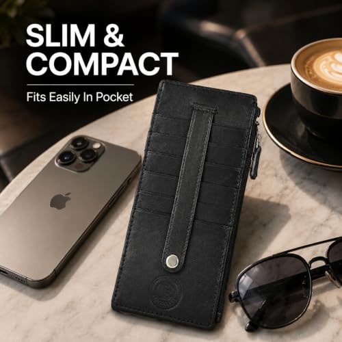 Leatherboss Genuine Leather Women's All in One Credit Business Card Case Holder Slim Zipper Wallet With a Card Protection Strap, Black - color: Black