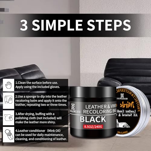 SHADAIWUYU 8.5oz Leather Recoloring Balm with 100ml Mink Oil,Black Leather Repair kit for Furniture and Car Interior,Leather Couch Scratch Repair,Leather Dye Paint,Mink Oil for Leather - color: Black, size: Leather Recoloring Balm+Mink Oil