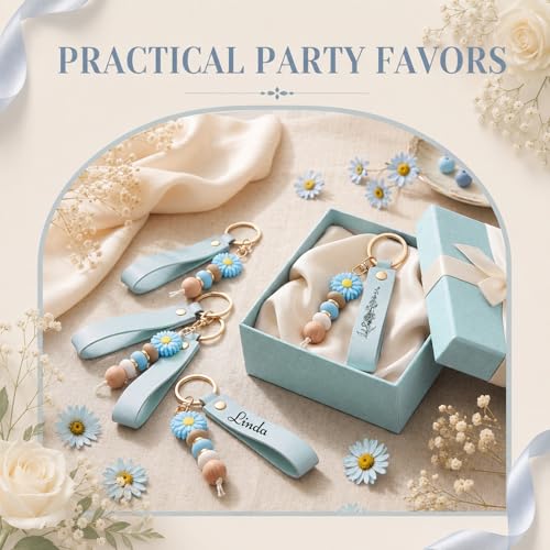 Wavyknot 12 Pack Daisy and PU Leather Beadable Keychain Bars Bulk Laser Engraving Blanks Keychain Kit for DIY Crafts Jewelry(Blue,Rectangle) - color: Blue, style: Rectangle