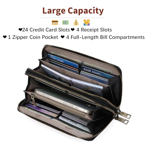 GOIACII Women's Wallet RFID Blocking Leather Wristlet | 2 Zip Around, Large Capacity, Credit Card Holder, Ladies Phone Clutch Purse - color: A18 Leopard Print Black