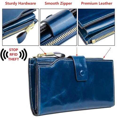 YALUXE Women's RFID Real Leather Wallet with 21 Card Slots Phone Pocket - color: 4- Waxed Blue, size: Genuine Leather