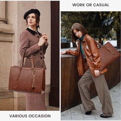 LOVEVOOK Laptop Tote Bag for Women,15.6 Inch Vintage Work Bag with Clutch,Large Leather Laptop Purse with Cup Holder for Teacher,Office - color: Brown, size: 15.6 inch