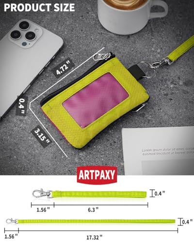 Artpaxy Minimalist Wallet For Mens Womens, Keychain RFID Blocking Zipper Small Wallet with ID Window 2 Lanyards,Water Resistant Travel Cash Card Coin Case Boys Girls - color: Pink+Light yellow