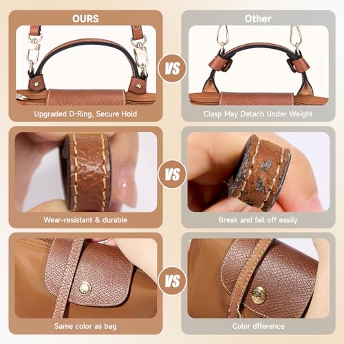 Purse Straps Replacement, Leather Handbag Crossbody Shoulder Strap Kit Adjustable for Mini Longcamp Tote Bag Women - color: Brown Gold