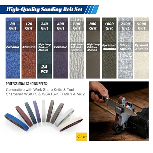 24 Pcs 240 Grit 1/2" x 12" Replacement Sharpening Belts for Work Sharp Knife & Tool Sharpeners (WSKTS, WSKTS-KT, Mk.1, Mk.2) - size: 1/2x12 inch, style: 240Grit 24 PCS