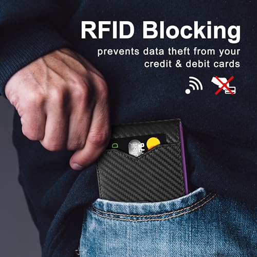 GSOIAX Slim Wallet for Men Rfid Blocking Leather Bifold Front Pocket Carbon Fiber Men's Money Clips Credit Card Holder With Gift Box - color: Carbon Black and Purple