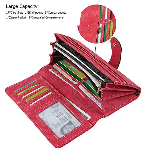 Women's Vegan Leather 17 Card Slots Card Holder Long Big Bifold Wallet - color: Red