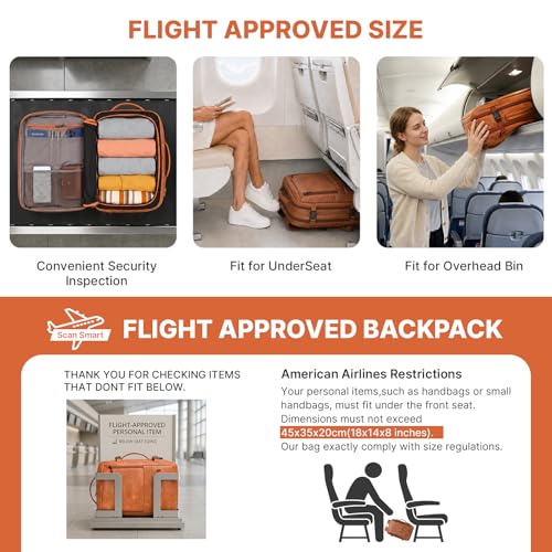 Travel Backpack Women, PU Leather Carry On Backpack Flight Approved, Brown | 40L, Laptop Compartment, Expandable, Personal Item Travel Bag, for Traveling Weekender Business - color: Brown
