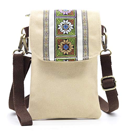 SILKAREA Vintage Embroidered Canvas Flip Small Crossbody Bag Cell Phone Pouch for Women Wristlet Wallet Bag Coin Purse - color: Khaki