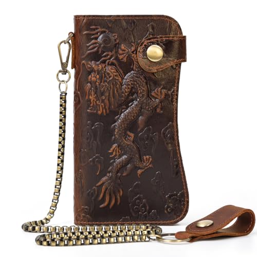 Motorcycle Chain Wallet for Men Tri-fold Long Biker Wallet with Heavy Duty Chain for Bikers Truckers Hunters - color: 10-Brown with Dragon