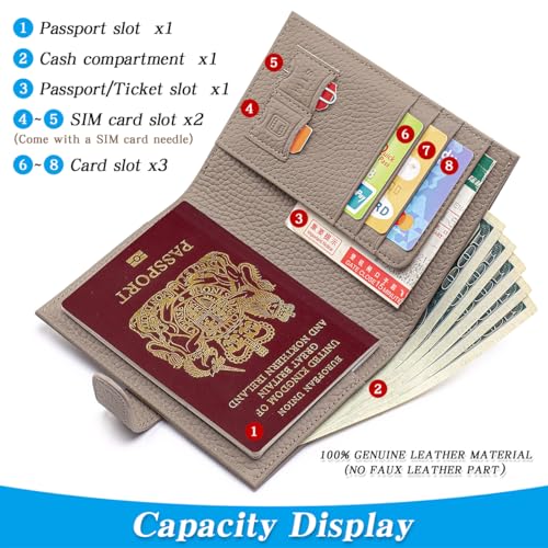 Passport Holder for Travel Women RFID Blocking Genuine Leather Passport Wallet with Card Slots, Zipper Coins Pocket, Cash Holder, Grey - color: Grey