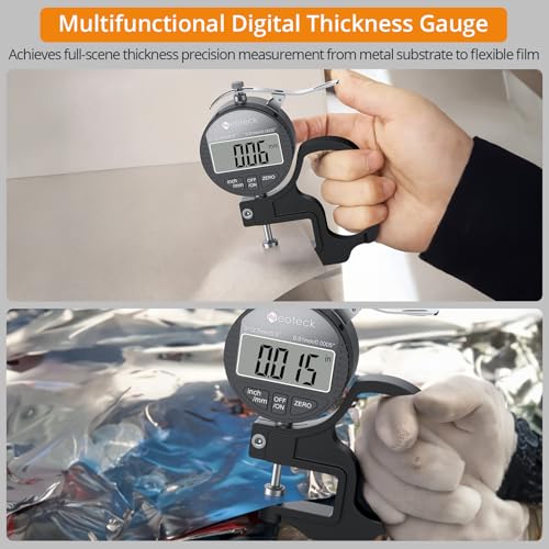 Neoteck Digital Thickness Gauge 0.5inch/12.7mm,0.0005inch/0.01mm Accuracy | Thickness Meter with LCD Display, Inch/MM Conversion ,One-Hand Quick Press for Leather Paper Fabric Film -Black - color: Silver-black, size: 0-0.5"/0.0005"