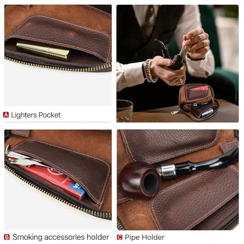 Hiram Handcrafted Pipe Tobacco Pouch, Full Grain Embossed Leather Smoking Pipe Storage Organizer Portable Accessories Tobacco Pouch and Lighter