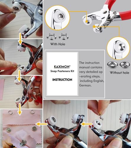 KAXIMON Snap Fasteners Kit 200 Sets, 3/8 inch Clothing Snaps with Tool | No Sew Metal Snap Buttons with Pliers, Stainless Steel Snaps Kit for Soft Sewing Fabric Clothing (Thick up to 1/16 inch)