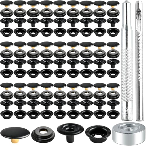 Aemygo 300 Pieces Heavy Duty Metal Snap Fastener Kit, 15mm Brass Snap Button Press Stud Caps with Fixing Tools Black Metal Button Snaps for Marine Boat Canvas Bag Leather DIY Craft