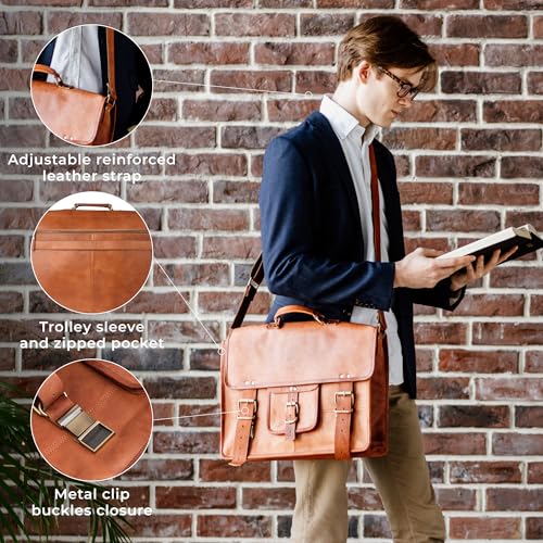 BERLINER BAGS Genuine Leather Messenger Bag For Men Berlin XL- Brown | Briefcase For Travel & Work, Adjustable Strap, 15.6" Laptop Slot, Trolley Sleeve, Phone Pocket, Pen Loops, Key Carabiner - color: Brown XL