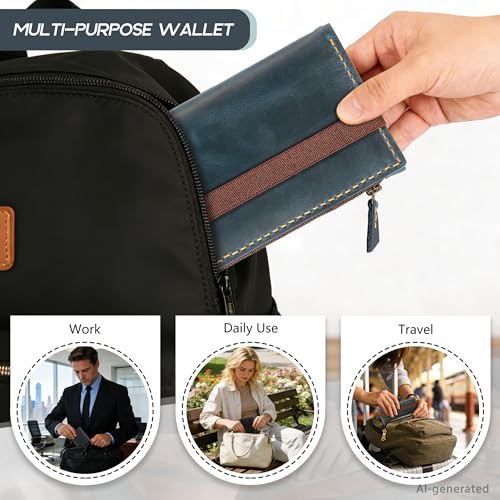 Robrasim Leather Wallet for Men and Women, Handmade Detachable Chain Wristlet Long Bifold Clutch with Large Capacity Zipper Coin Pocket (Blue, 7.87"x4.17") - color: Blue