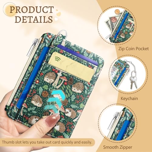 Kelvoris Credit Card Holder Small Wallet Women, Slim RFID, Cute Hedgehog | Keychain, Zipper Coin Pocket, Front Pocket Thin Travel Card Case, Minimalist, 6 Card Slots, 1 ID Window, Ladies Gifts Woman - color: Hedgehog