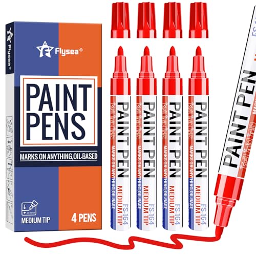 Red Paint Pens 4 Pcs Oil Based Medium Tip Permanent Marker Pen | Waterproof, Quick-drying, Fade Resistant, 3mm Paint Markers for Rock Painting, Plastic, Metal, Car Tyre, Glass, Wood, Canvas - color: Red