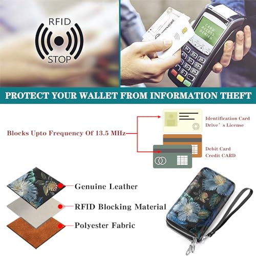 GOIACII Women's Wallet RFID Blocking Leather Wristlet | 2 Zip Around, Large Capacity, Credit Card Holder, Ladies Phone Clutch Purse - color: B01 Mangnolia