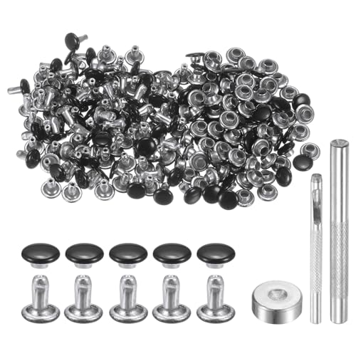 HARFINGTON 100 Sets Leather Rivets 6mm x 6mm Metal Double Cap Rivet Snaps Studs Fasteners with 3pcs Setting Tools Rivets for Leather Craft DIY Repair Decoration, Brilliant Black - color: Brilliant Black, size: 6mm x 6mm
