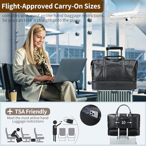 Faux Leather Weekender Bags for Women: Large Overnight Bags Travel Duffel Bag Carry On Shoulder Weekend Tote with Shoe & Laptop Compartment & Toiletry Bags for Airplane Traveling Gym - color: PU-Black