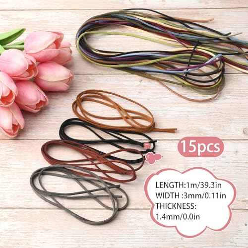 15 Pcs Faux Suede Leather Cord for Jewelry Making, 1/8 Inch Leather String | 15 Colors, 1.1 Yards (1m), for Bracelets Necklaces, Craft Cording for DIY Beading Projects