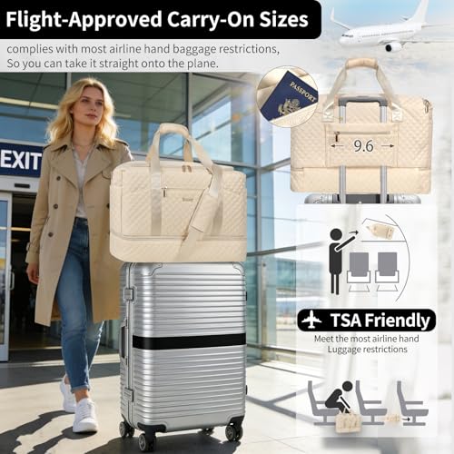 Stuery Weekender Bags for Women with Toiletry Bags: Large Overnight Bags Travel Duffel Bag Carry On Shoulder Weekend Tote with Shoe Compartment and Wet Pocket for Girls Airplane Traveling,Beige White - color: C-3PCS Beige White