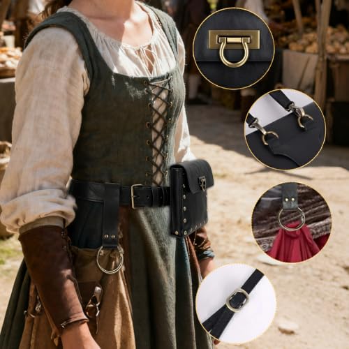 Renaissance Belt Pouch Medieval Pirate Costume Accessories Set for Cosplay | Viking Faux Leather Waist Bag, Skirt Hike Clips, Perfect for Women and Men Ren Faire, LARP, Fantasy, Halloween - color: Black-J