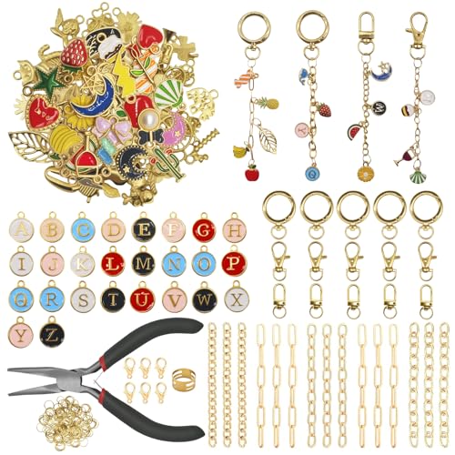 Aucscott Lip Gloss Charms Keychain Making Kit, Make Your Own Keychain Kit for Girls - DIY Jewelry Craft Kits with A-Z Letter Charms for Custom Key Chain Lipgloss Lip Balm Purse Bag Handbag - color: Gold - 263Pcs Kit